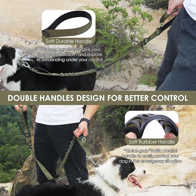 Hotsky Tactical Dog Leash Heavy Duty for Medium Large Dogs That Pull,4-6Ft Strong Bungee Shock Absorbing No Pull Dog Leash with Padded Double Handle and Car Seatbelt,ArmyGreen