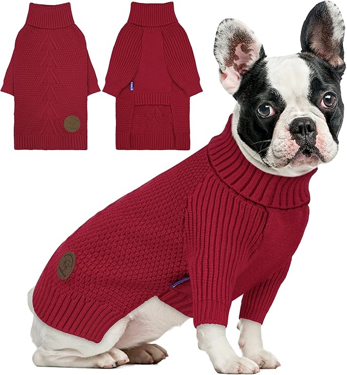cyeollo Turtleneck Dog Sweater Soft Knitted Sweaters with Leash Hole Pet Clothes for Cold Day Pet Small Medium Dog Sweaters, Burgundy XL