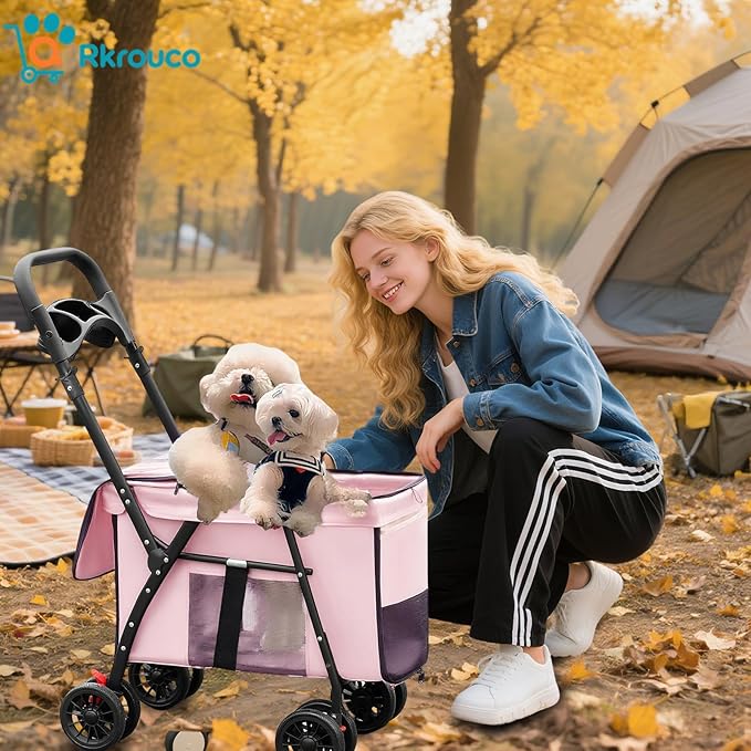 Foldable Pet Stroller for Small Medium Cat Dogs Portable Pets Carriers Strollers with 4 Wheels Up to 55Lbs Puppy Strolling Cart Travel (Pink)