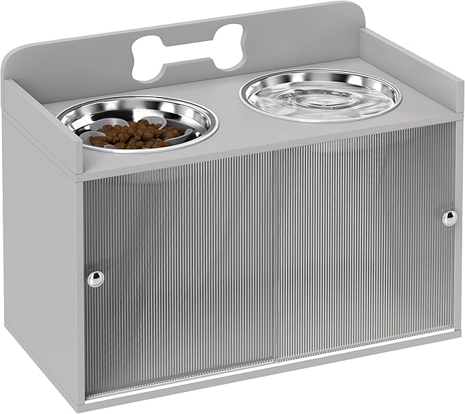 PawHut Elevated Dog Bowls with Storage, Raised Dog Bowl Stand with 2 Stainless Steel Food Dishes and Slow Feeder, Pet Feeding Station for Large Breeds, Gray