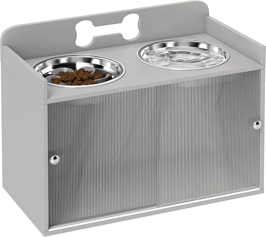PawHut Elevated Dog Bowls with Storage, Raised Dog Bowl Stand with 2 Stainless Steel Food Dishes and Slow Feeder, Pet Feeding Station for Large Breeds, Gray