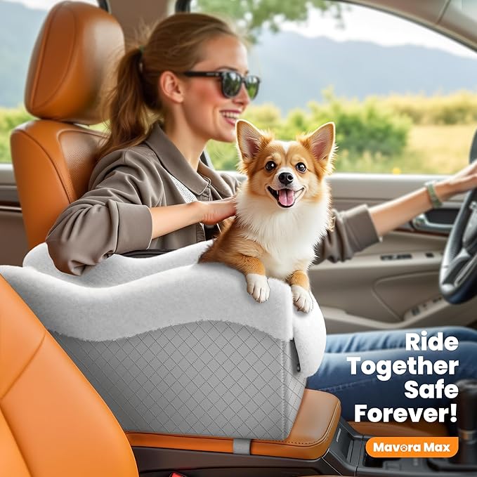 Portable Small Dog Seat for Car, Luxury Center Console Dog Car Seat Booster with Safety Tethers, Anti-Collapse Pet Travel Carseat for SUV, Truck (Light Grey/White)
