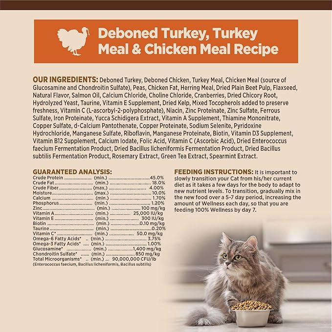 Wellness CORE Adult Dry Cat Food for Indoor & Outdoor Cats, Grain-Free, Natural, Original Turkey, Turkey Meal & Chicken (11 Pound Bag)