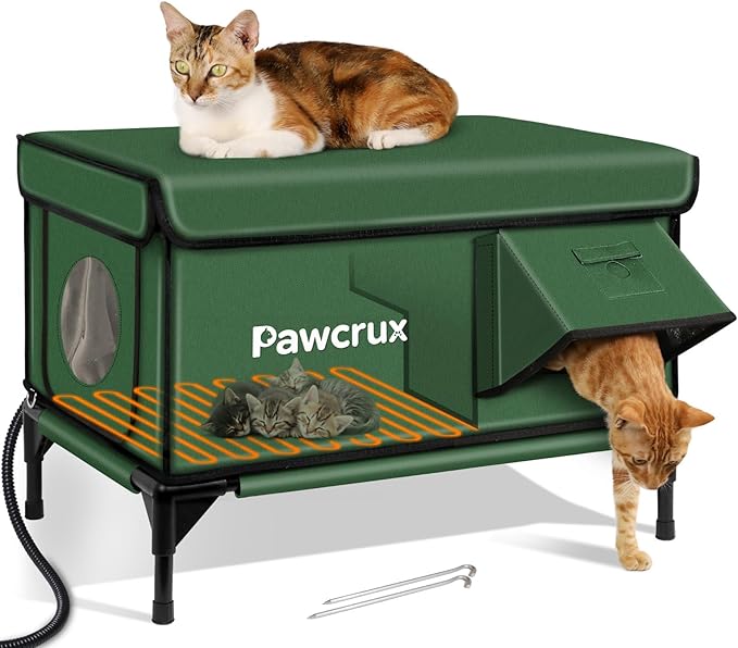 Weatherproof Heated Cat House for Outdoor in Winter, Heated Cat Bed Kitty Shelter with Cat Heating Pad, Insulated & Safe Escape Door, Warm House for Outside Stray Cat(Green, 17.7"x25.5"x17.9")