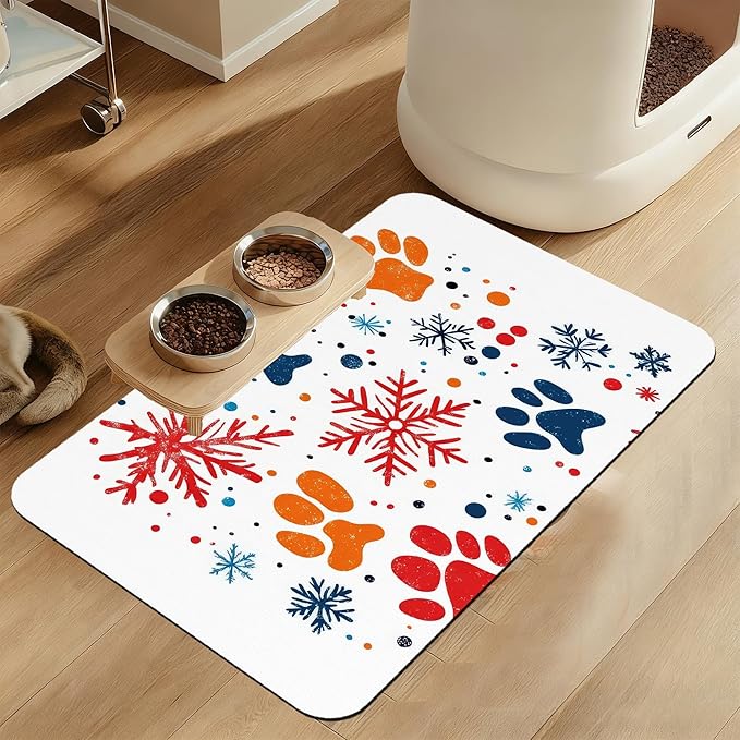 Chirstmas Snowflake Paw Pet Food Mat for Cats and Dogs–Absorbent Quick Dry Feeding Placemat, Non Slip Rubber Base, Waterproof Bowl Mat for Indoor Use, Pet Supplies 16"x24"