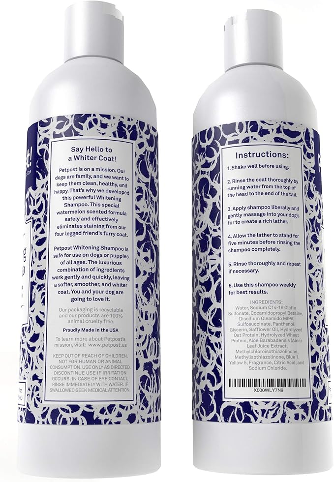 Petpost | Dog Whitening Shampoo with Coconut Oil & Aloe. Brightens White & Light Coats, Moisturizes Skin. Watermelon Scent. 8 oz