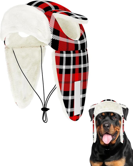 PET SHOW Dog Trapper Hat Winter Hat for Medium Large Dogs Christmas Warm Fleece Aviator Hats with Ear Flaps Adjustable Outdoor Boy Pet Pilot Costume Cap L-Red Plaid/with Ear Holes