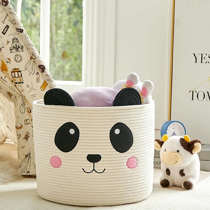 OMERAI Cotton Rope Storage Basket with Panda Design, 15"D x 12.6"H, Portable, Foldable, Multifunctional Laundry Basket