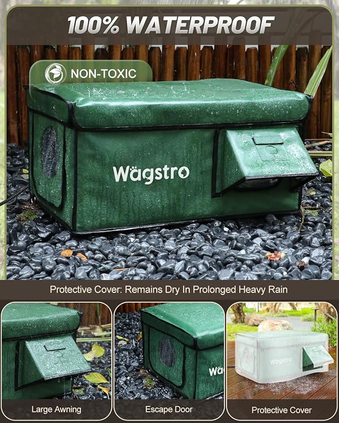 Heated Cat House for Outside, Waterproof Awning & Escape Door Heated Cat Houses for Indoor/Outdoor Cats in Winter, Elevated & Insulated Outdoor Cat Shelter for Feral Cat(Green, 25.2"x16.5"x12.2")