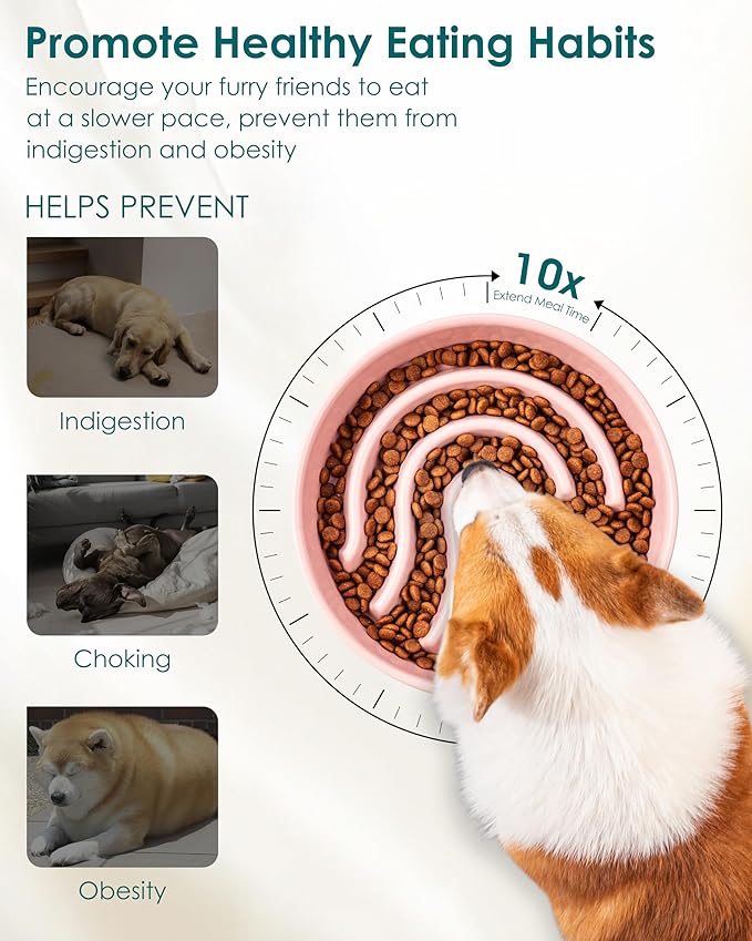 vancasso Slow Feeder Dog Bowl, 1.5 Cup Ceramic Slow Feeding Food Dish for Small and Medium Breed, Puzzle Dog Food Bowl for Fast Eater, Pink