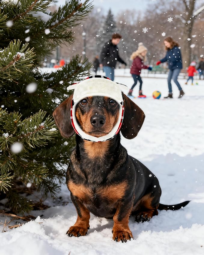 PET SHOW Dog Trapper Hat Winter Hat for Small Medium Dogs Christmas Warm Fleece Aviator Hats with Ear Flaps Adjustable Outdoor Boy Pet Pilot Costume Cap M-Red Plaid/with Ear Holes