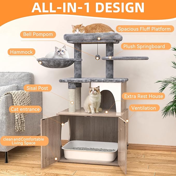Litter Box Enclosure with Cat Tree,Cat Tree with Litter Box Enclosure,Hidden Pet Washroom Furniture with Sisal Scratching Post,Hammocks,Condo,Multiple Platform,Soft Plush Perch, Grey