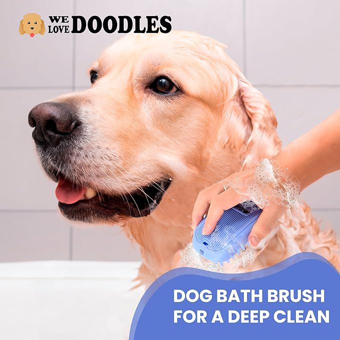 We Love Doodles Pet Rubber Bath Brush and Dog Shampoo (Bundle) - for Shower Scrubbing & Soothing Massage and Organic Dog Shampoo, Conditioner & Detangler - Made in The USA