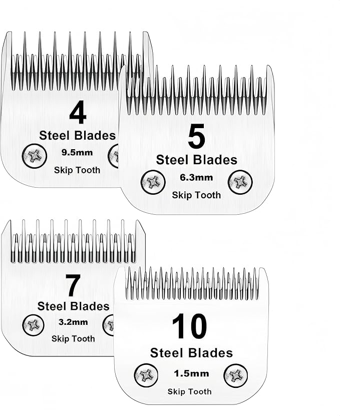 10+7+5+4 Skip Tooth Blades,Detachable Pet Dog Grooming Steel Blade Compatible with Oster A5,Wahl KM10 Series Clippers,Cut Length 1/8-Inch (3.2mm)，4 Pack