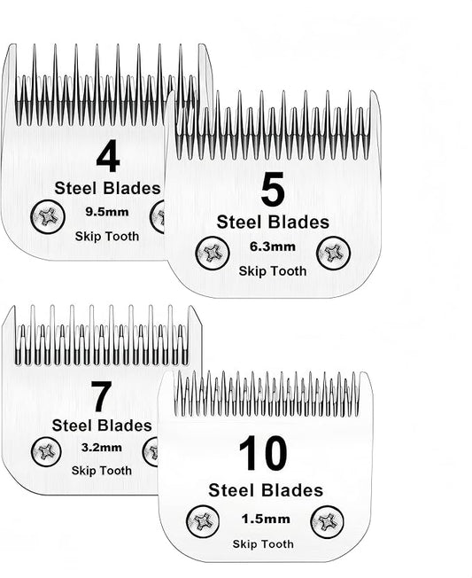 10+7+5+4 Skip Tooth Blades,Detachable Pet Dog Grooming Steel Blade Compatible with Oster A5,Wahl KM10 Series Clippers,Cut Length 1/8-Inch (3.2mm)，4 Pack