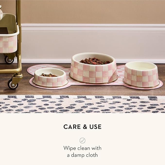 MACKENZIE-CHILDS Pup Placemat, Cute Pet Food Mat for Dog Bowls and Cat Bowls, Pink-and-White Rosy Check