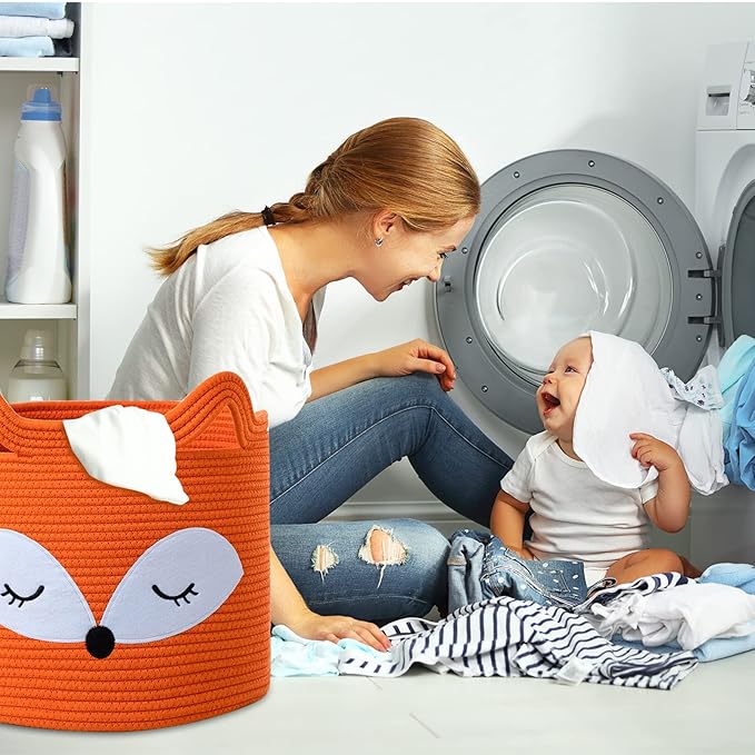 VK VK·LIVING Fox Toy Basket Cotton Rope Animal Baskets Orange Laundry Hamper for Toys, Clothes,Gifts,Towels, Blankets, Empty Gift Basket for Organizing with Handles 15''x14''