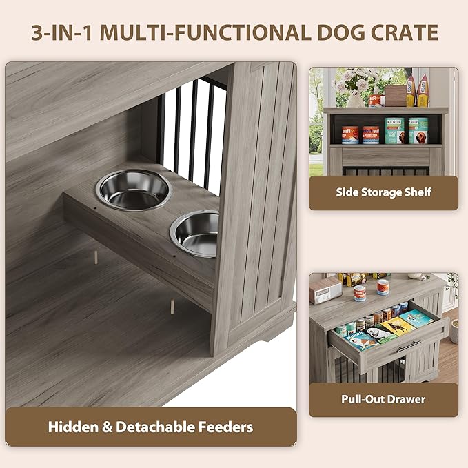 Furniture Style Dog Crate for Large Dogs, 44 Inch Heavy Duty Wooden Dog Kennel Furniture with Drawer & Side Storage and Bulit-in Feeding Station,Grey
