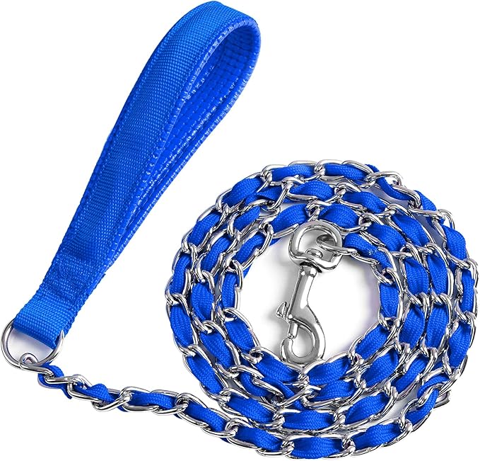 Heavy Duty Metal Dog Chain Leash with Comfortable PU Leather Padded Handle, Chew Proof, 6ft 3.0mm Blue