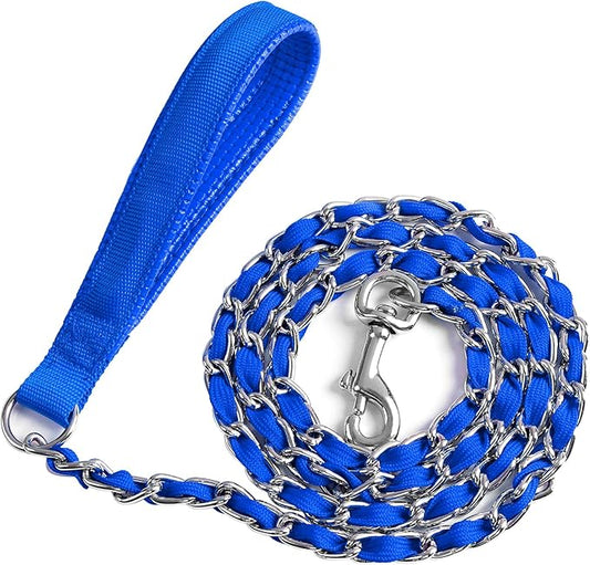 Heavy Duty Metal Dog Chain Leash with Comfortable PU Leather Padded Handle, Chew Proof, 6ft 3.0mm Blue