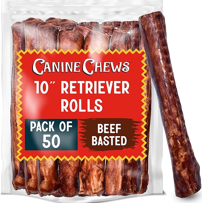 Canine Chews 10" Beef Basted Rawhide Bones for Large Dogs (50 Pack) - Hand-Rolled Dog Rawhide Chews Basted in Beef Broth - Beef Dog Rawhide Bones Promotes Dental Health - Hand-Rolled in Beef Broth