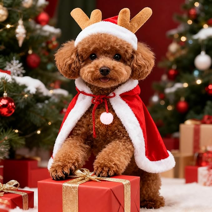Cat Christmas Costume Reindeer Cloak - Soft Plush Adjustable Cape for Cats & Small Dogs, Warm Holiday Party Dress Up for Xmas Photos, Gift for Pet Lovers