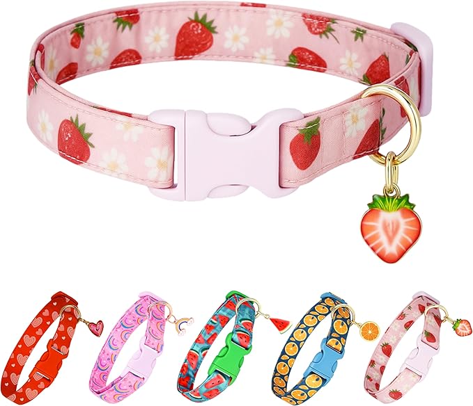Cute Dog Collar Strawberry Pattern for Boys and Girls Holiday Dog Collars Summer Fall Gift Adjustable for Small to Medium Breed Dogs (Strawberry, S)