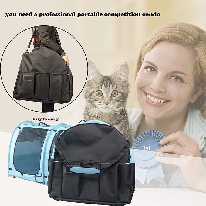 Mispace Portable Twin Compartment Show House Cat Cage/Condo - Easy to Fold & Carry Kennel - Comfy Puppy Home & Dog Travel Crate with Portable Carry Bag/Two Hammocks/Mats and Collapsible Litter Box