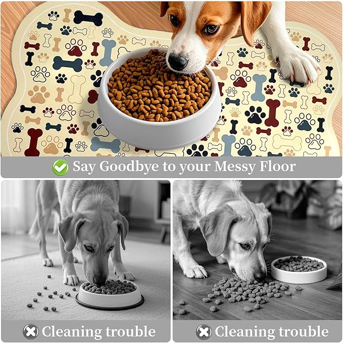 Dog & Cat Food Mat Bone Shaped Pet Feeding Mat Quick Absorb Water Bowl Placemat with Rubber Backing Indoor Floor Stain Resistant Pet Accessory Supplies (Beige, 17x29 Inches)