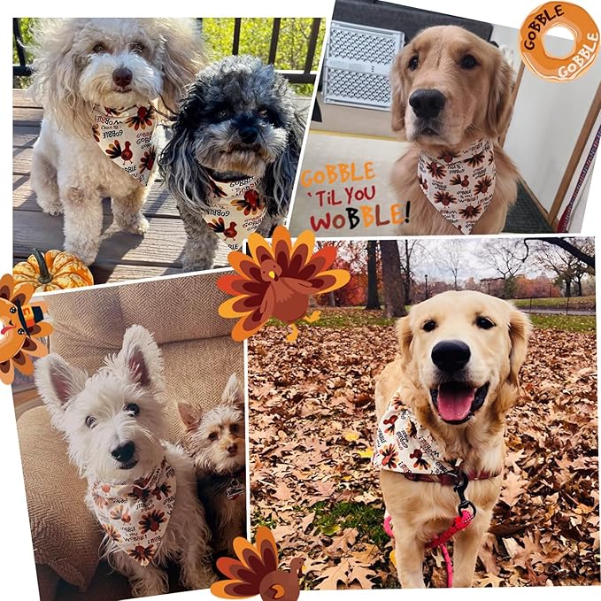 Dog Fall Bandanas Theme - Gobble Till You Wobble - Cute Turkey Printed Thanksgiving Holiday Pet Triangle Scarf with Snap Button, Extra Large Breed, 75lbs+