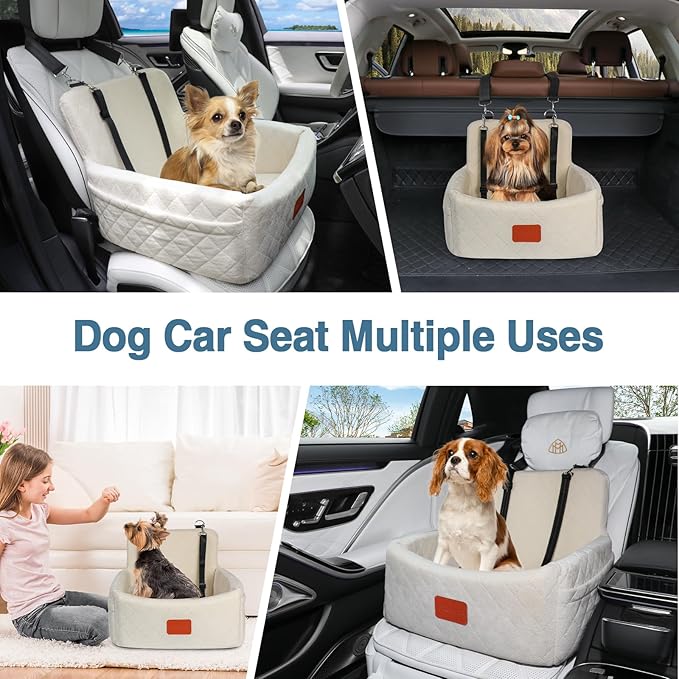 Dog Car Seat for Under 30lbs Dogs,Comfy Febric Fill in Memory Foam,Washable and Detachable Pet Travel Car Bed,Anti-Slip Bottom,2 Safety Leashes & Storage Pockets(Beige)