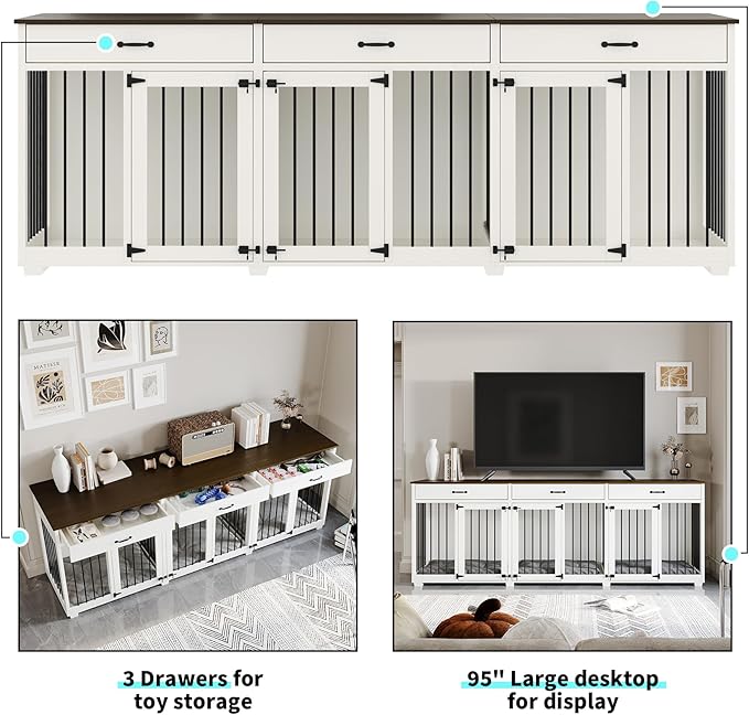 Dog Crate Furniture - Indoor Wooden Dog Kennel Crate Furniture with 2 Dividers, 3 Drawers, and 3 Lockable Doors - 95"x23.6"x31.5"H, White