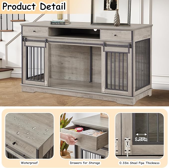 3-in-1 Double Dog Crate Furniture, 66.1 Inch Grey Furniture Style Dog Crates for 2 Dogs with Divider, Dog Kennel TV Stand with 2 Drawers and Sliding Doors