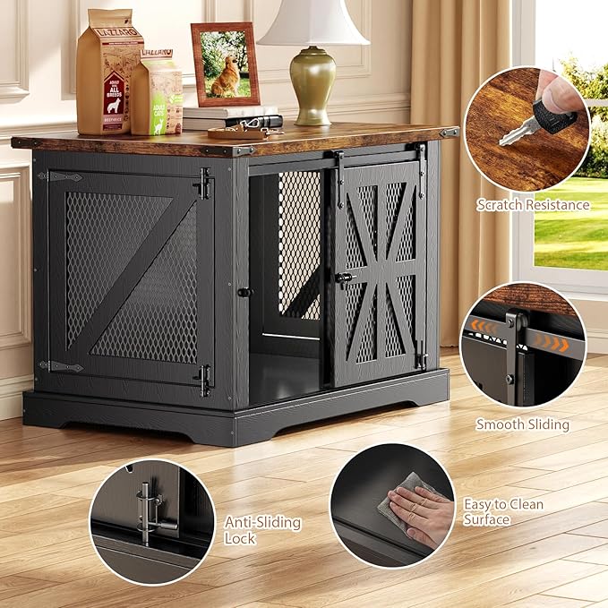 VOPEAK 43.3" XL Dog Crate Furniture, Chew Resistant Dog Crate for Medium Large Dogs, Heavy Duty Extra Large Dog Crate Dog Kennel Indoor with Double Doors, Wooden End Table for Living Room, Black