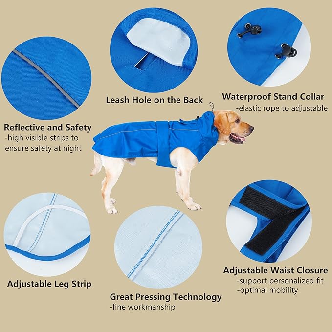 Adjustable Waterproof Dog Raincoat for Dogs,Lightweight Pet Rain Jacket Puppy Clothes with Reflective Strip for Small Medium Large Dogs (Blue, Medium)