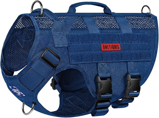 OneTigris Tactical Dog Harness for Small Medium Large Dogs, Mesh Design Service Dog Vest Breathable Military Dogs Molle Vests with Handles, Harness for Walking Hiking Training (Blue, L)