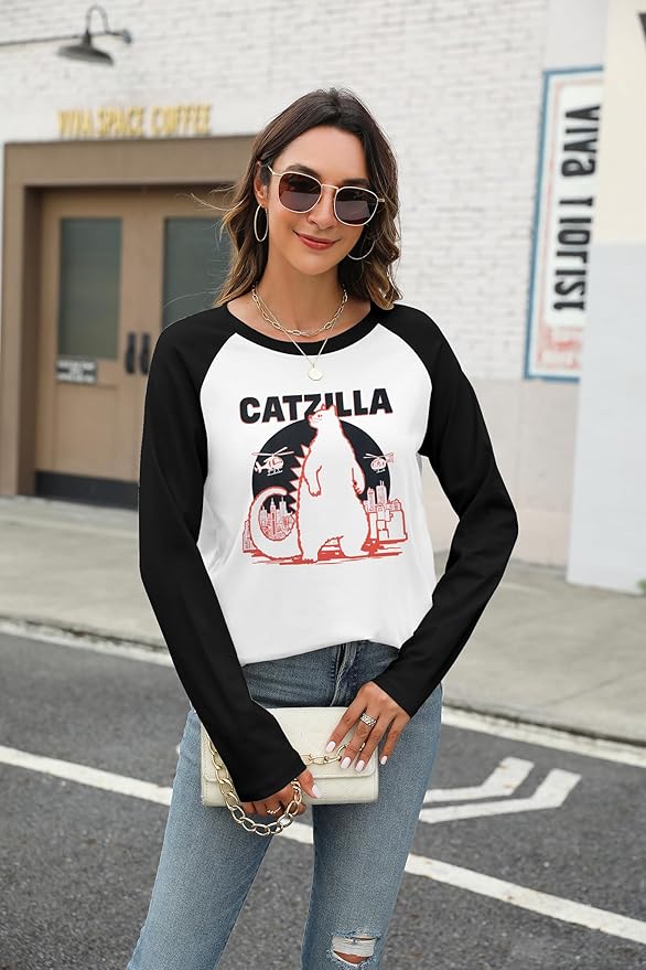 JINTING Cat Shirts for Women - Loose Fit Lightweight Long Sleeve Graphic Tee Fall Printed Crewneck Blouse Casual Tops