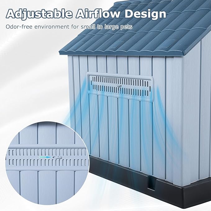 LEMBERI Large Plastic Dog House for Medium Large Dogs, Durable Waterproof Indoor Outdoor Doghouse with Air Vents and Elevated Floor, Easy to Assemble (Blue, 33.5" L x 31.5" W x 33.9" H)