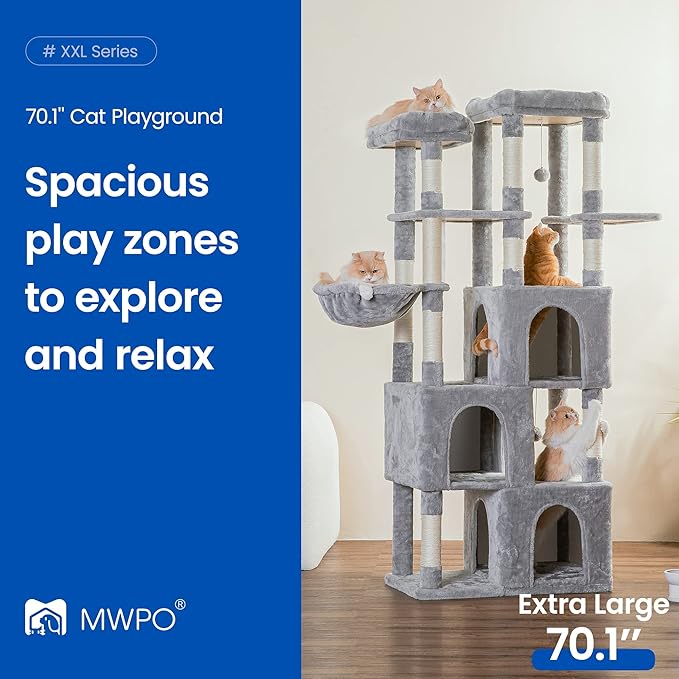MWPO Extra Large Cat Tree - 70.1-Inch Tall Cat Tower with 3 Cat Condos, Multi-Level Cat Stand for Large Cats Featuring Scratching Posts, Padded Perches, Hammock, Dangling Toys, Light Grey