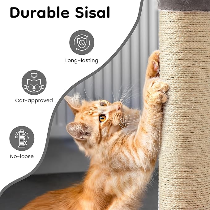 22" Cat Scratching Post, Sisal Cat Scratcher with Interactive Hanging Toy, Monster Scratch Pole for Indoor Cats, Cute Cat Scratch Post for Kittens & Large Cats, Grey