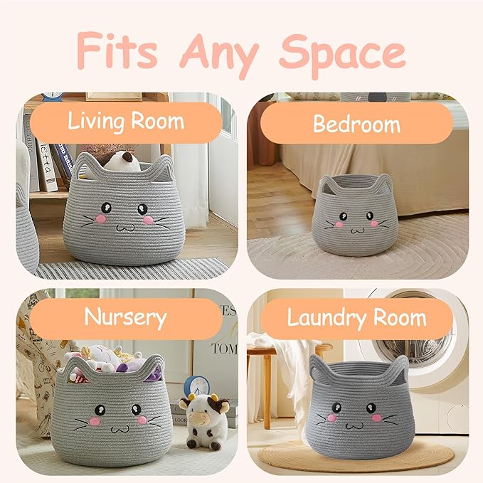 OMERAI Animal Cat Basket, Cute Cotton Rope Woven Large Blanket Basket, Toy Storage for Nursery decor and Laundry Organizer with Handles, baby hamper shower gift, 15"D x 12.6"H, Grey Open Eyes