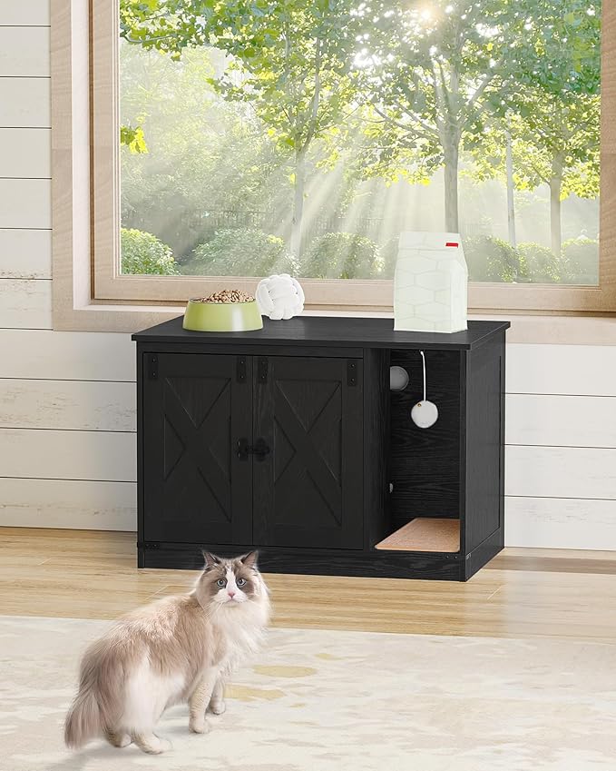 Cat Litter Box Enclosure, Hidden Litter Box Cabinet Furniture with Bell, Indoor Cat House, Farmhouse Style, 31.5 x 19.7 x 20.9Inches, for Hallway, Bedroom, Black CB82404X