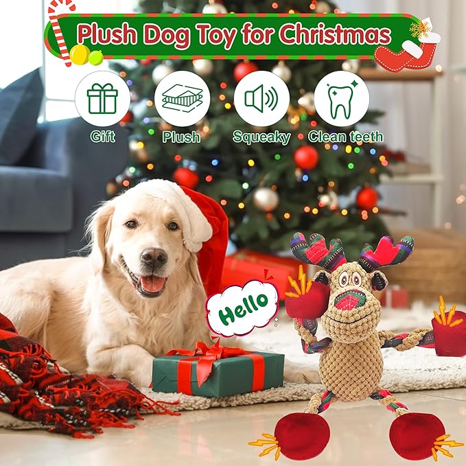 Christmas Plush Squeaky Dog Toy With Crinkle Paper, Cute Puppy Toys With Cotton, Durable Interactive Chew Toys for Small Medium Large Breed
