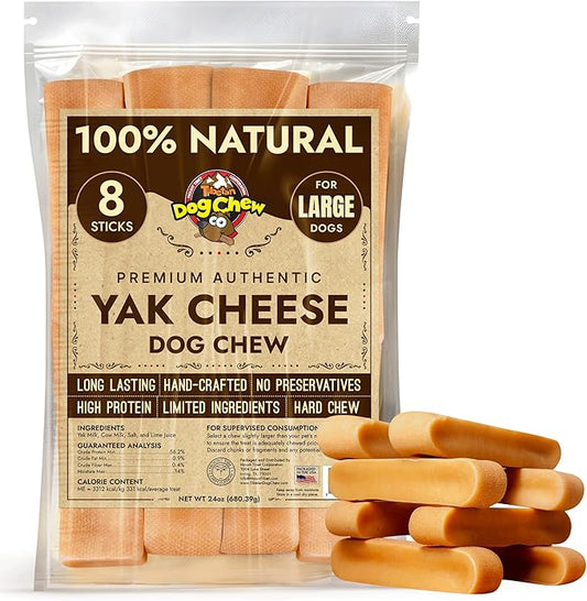 Tibetan Dog Chew Yak Cheese Sticks (8 Large Chews) - Natural Handmade Treats for Large Dogs, Long-Lasting, Easy to Digest with No Additives, Rawhide, Grains or Gluten, Perfect for Aggressive Chewers