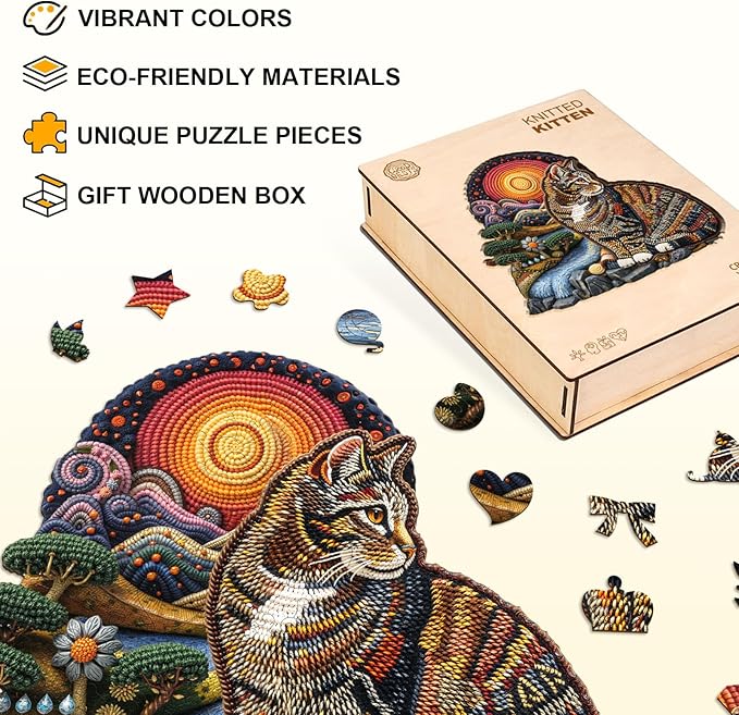 KAAYEE Wooden Puzzles for Adults, Knitted Kitten Puzzles, 170 Piece Unique Animal Shape Puzzle, Cat Wood Puzzle for Adults, Creative Gifts for Cat Lover/Friends/Family, Home Decor(11.4 * 10.8in)