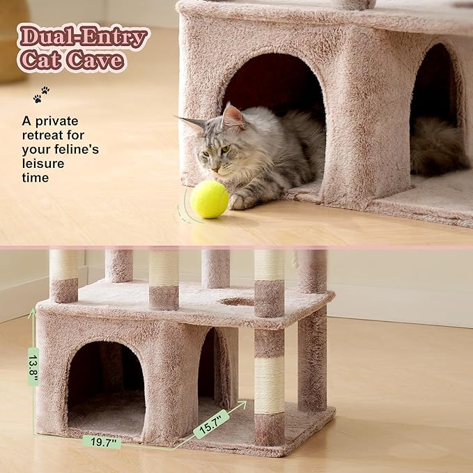 Heybly Cat Tree, 71-Inch Tall Cat Tower for Large Maine Coon Cats with Extra-Large Baseboard, Cat Condo Furniture with Multi-Level Platforms, 2 Hammocks and 12 Scratching Posts, Muchroom HCT037MU