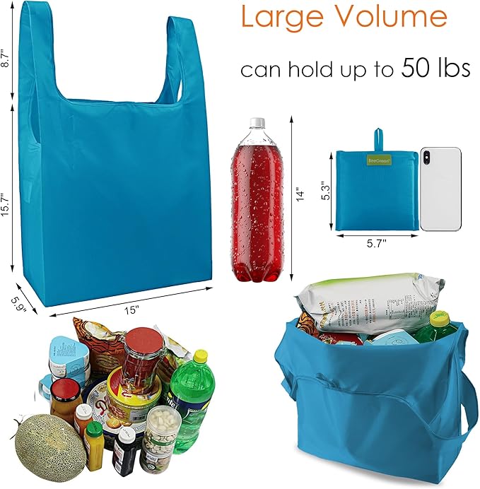 BeeGreen Light Blue Reusable Grocery Bags Wholesale Blue Reusable Kitchen Bags Bulk with Elastic Band Foldable-Machine Washable with Zipper Storage Pouch 50 Packs