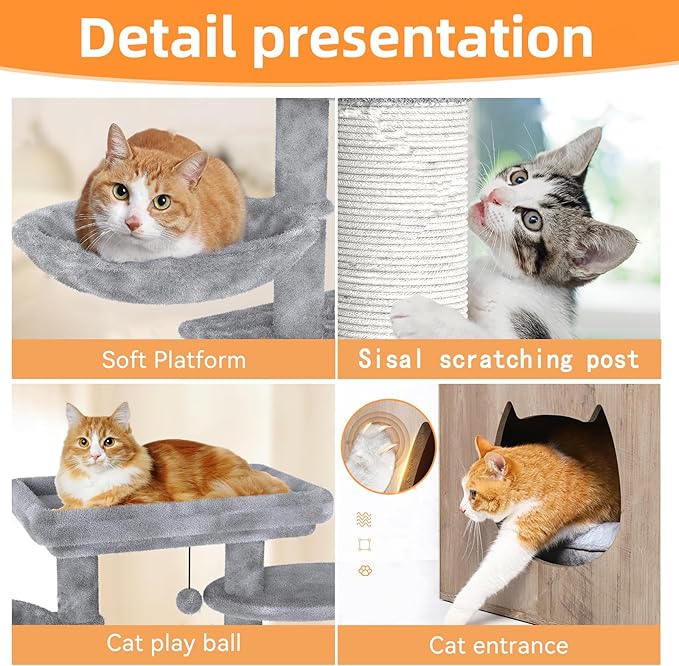 Litter Box Enclosure with Cat Tree,Cat Tree with Litter Box Enclosure,Hidden Pet Washroom Furniture with Sisal Scratching Post,Hammocks,Condo,Multiple Platform,Soft Plush Perch, Grey