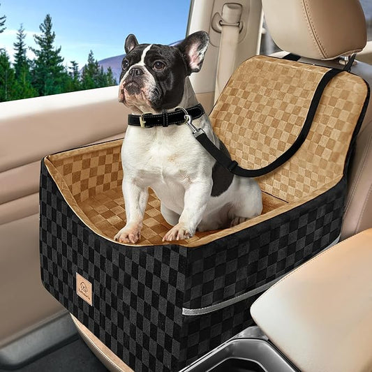Dog Car Seat for Small and Medium Dogs Up to 35 lbs –Memory Foam Dog Booster Seat with Safety Leash & Storage Pockets, Fits Front & Back Car Seats, Removable Washable Cover – Black & Brown