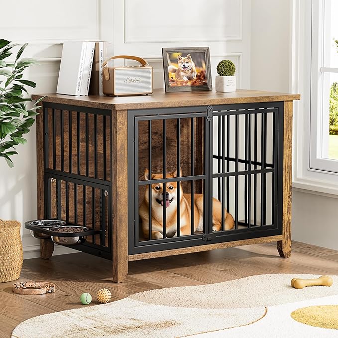 Lulive Dog Crate Furniture, Wooden Dog Kennel Indoor with Adjustable 360°& Height Dog Bowls, Double Doors Furniture Dog Crates End Table for Small/Medium 31.5" L*22.5" W*25.6" H, Brown
